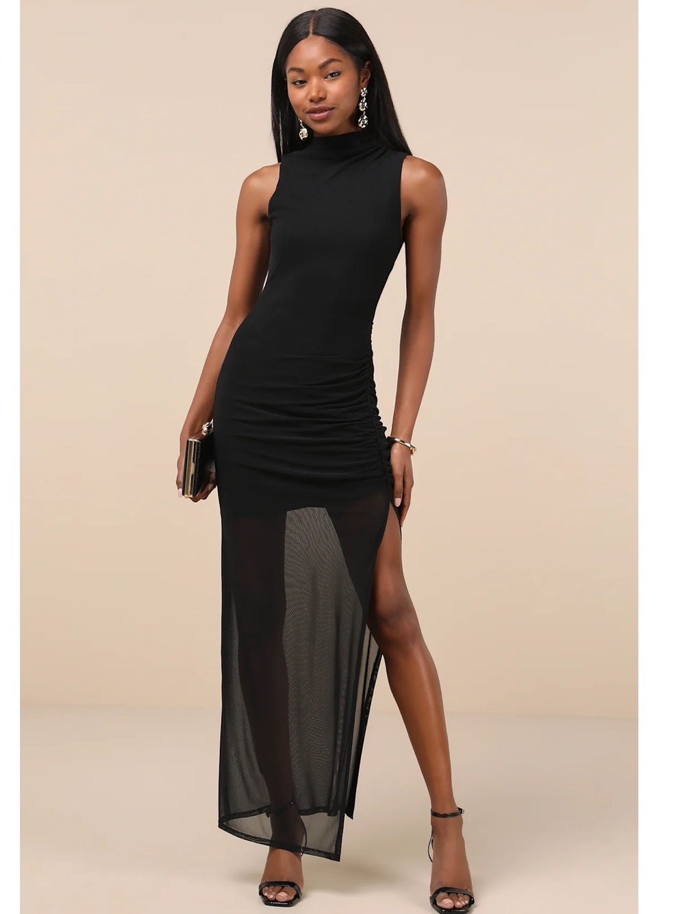 Lulus Reowned Glamour Black Mesh Mock Neck Maxi Dress Event Wedding Guest Medium